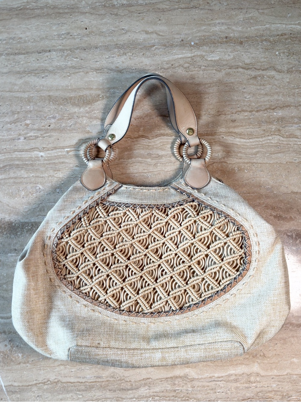 Cole Haan - Natural 100% Linen Woven  Canvas Shoulder Tote Bag Summer